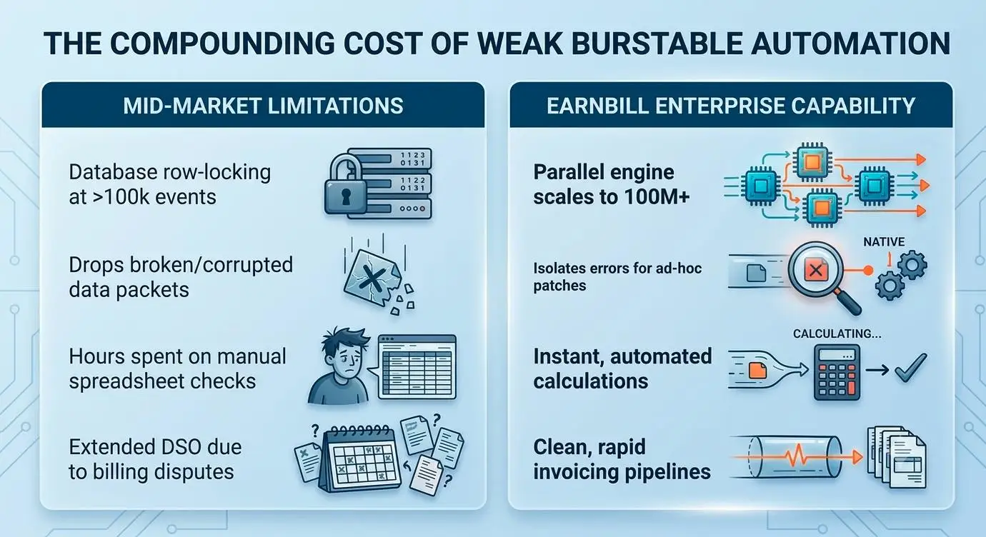 Compounding cost of weak burstable billing automation: mid-market billing engine limitations (database row-locking, dropped data packets, manual spreadsheet checks, extended DSO) vs EarnBill enterprise billing platform capabilities (parallel engine scaling to 100M+, automated calculations, clean invoicing pipelines)