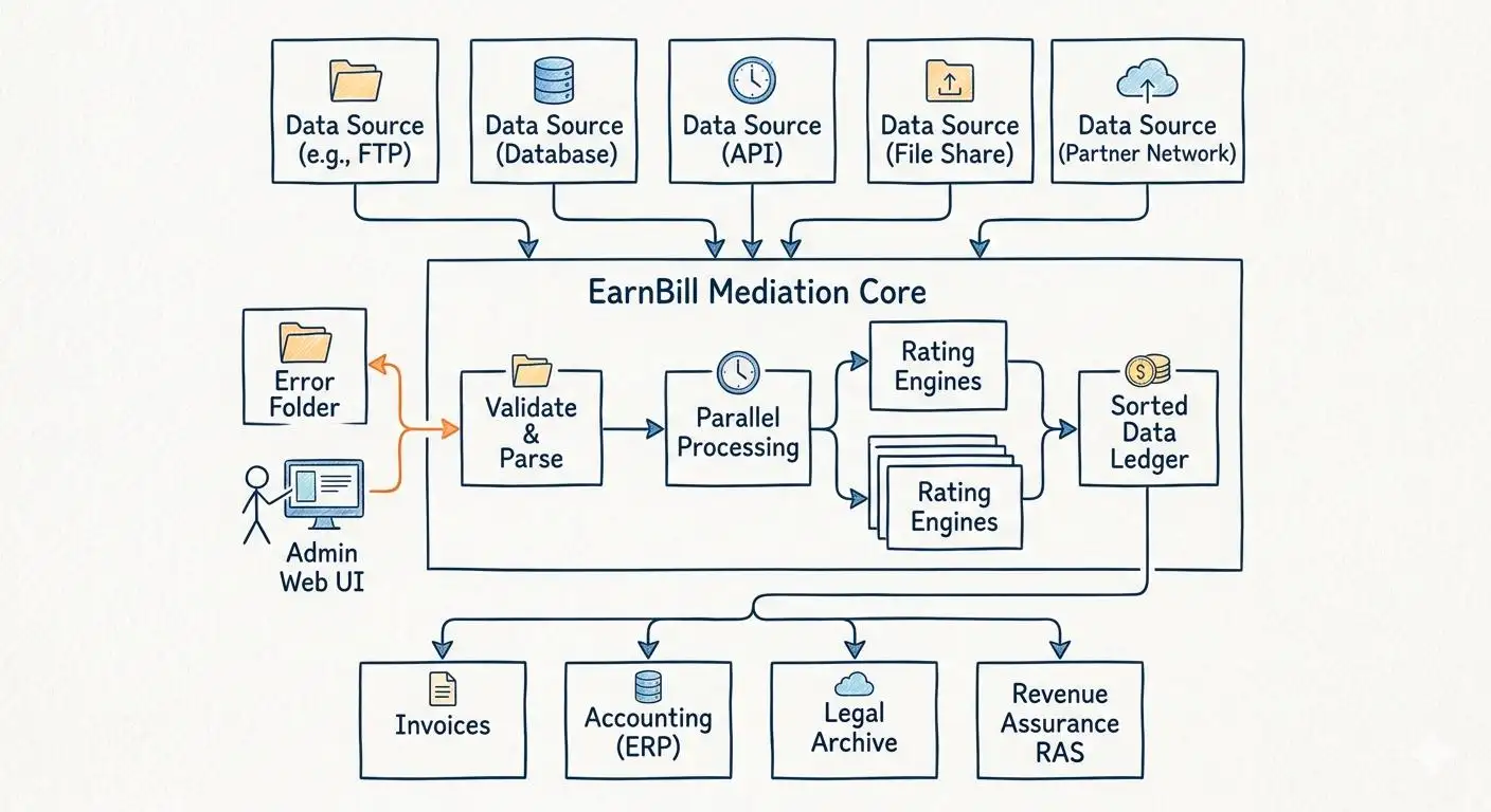 EarnBill billing mediation system flow: multiple data sources (FTP, database, API, file share, partner network) through EarnBill Mediation Core with validate and parse, parallel processing, rating engines and sorted data ledger, outputting to invoices, accounting ERP, legal archive and revenue assurance RAS