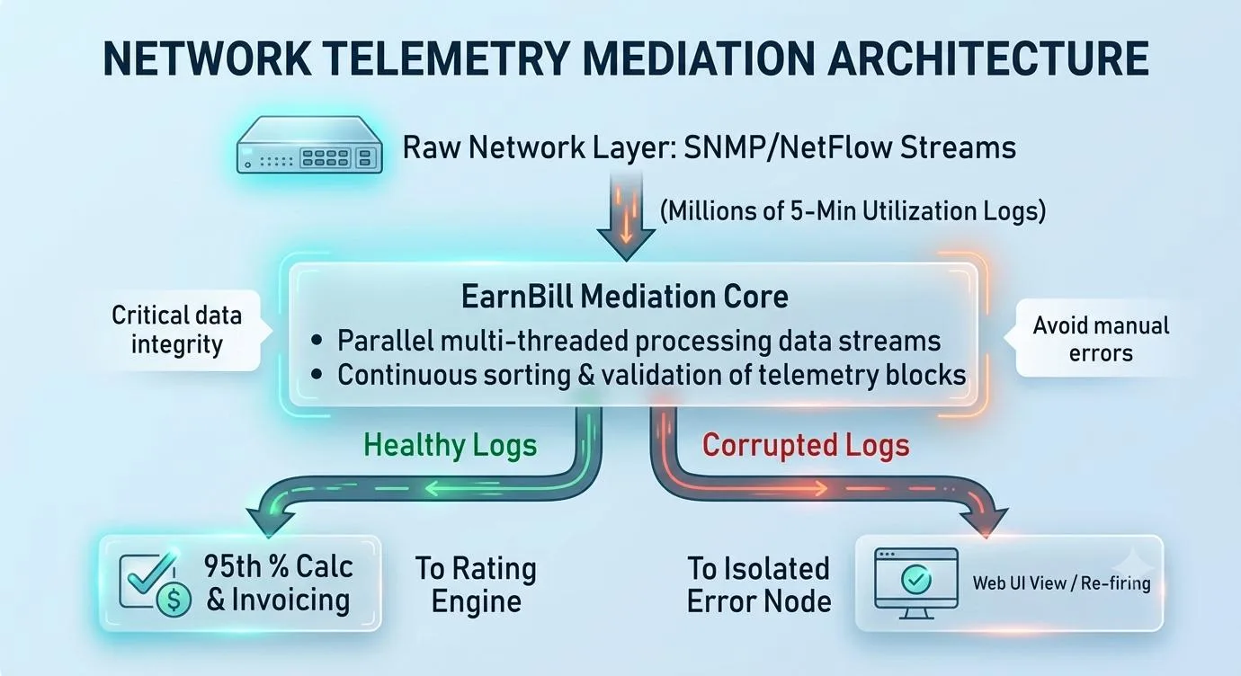 Network telemetry mediation architecture for billing engine: raw SNMP/NetFlow streams through EarnBill Mediation Core with parallel multi-threaded processing to prevent revenue leakage in billing, routing healthy logs to 95th percent calculation and invoicing, corrupted logs to isolated error node