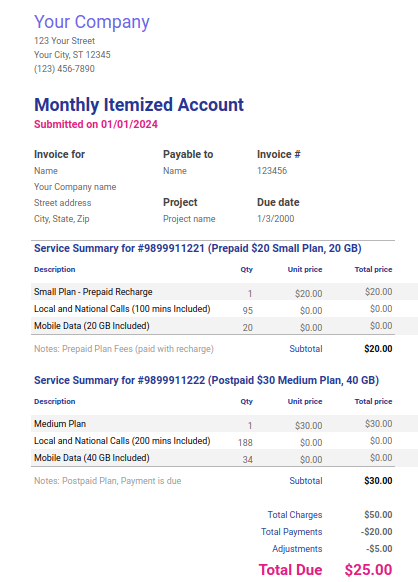 Sample EarnBill Monthly Itemized Account statement showing two service summaries. One prepaid ($20 Small Plan) and one postpaid ($30 Medium Plan). on a single convergent invoice with Total Due of $25