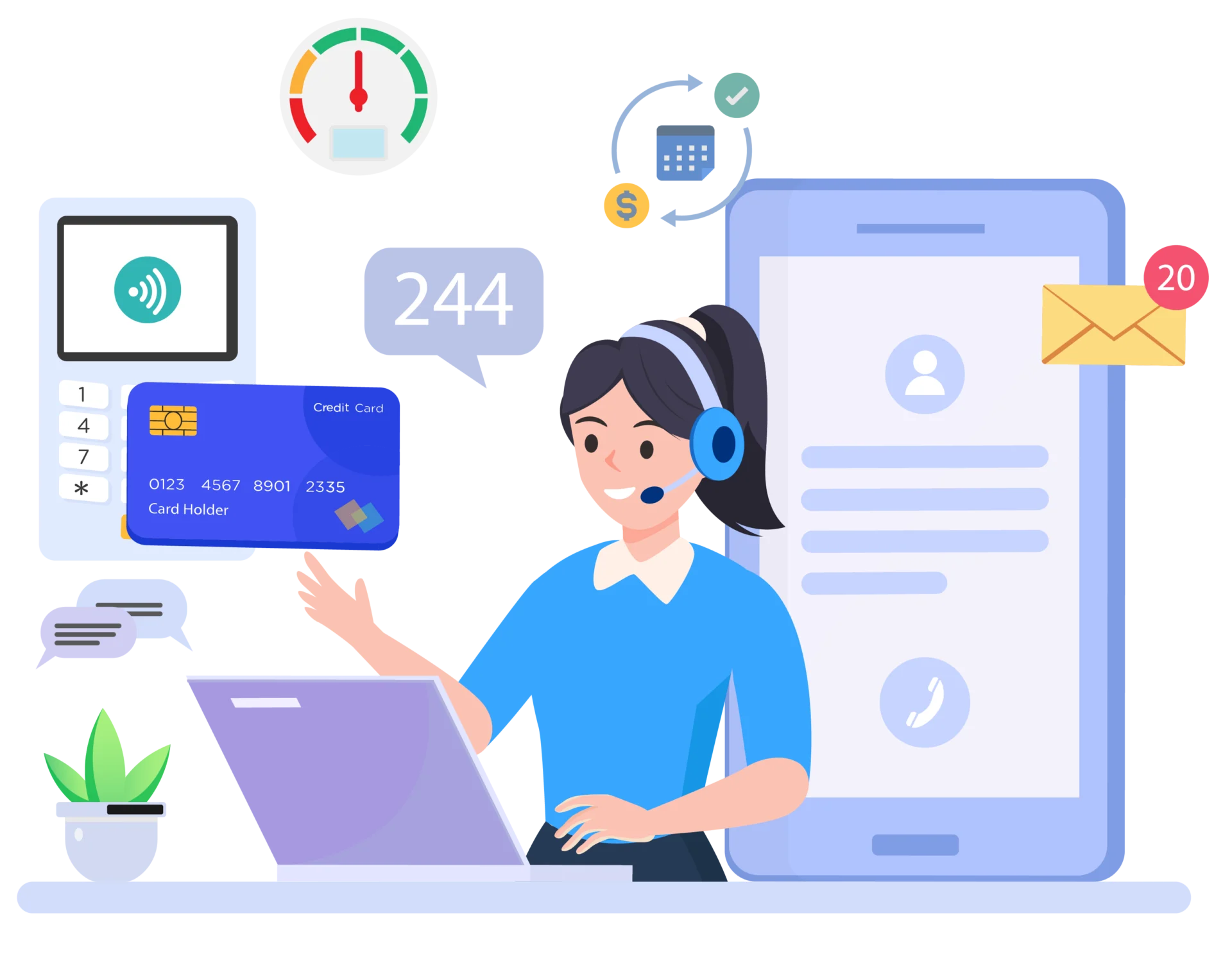 Call center billing illustration, a customer service agent with a headset managing payments, subscriptions, and credit card transactions via a billing platform