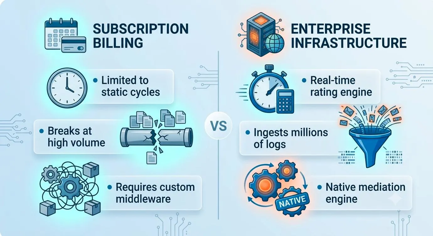 Subscription-only tools vs EarnBill enterprise infrastructure for high-volume usage based billing: real-time rating engine, millions of log ingestion, native mediation engine