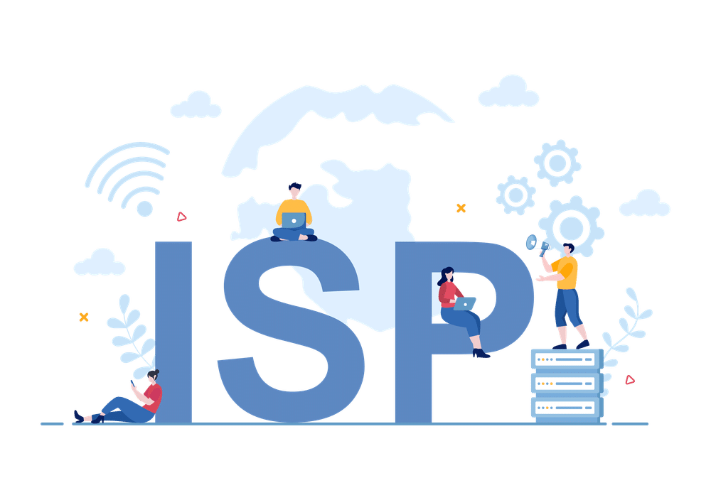 ISP monetization illustration showing people working with internet service provider infrastructure, routers, servers, and connectivity