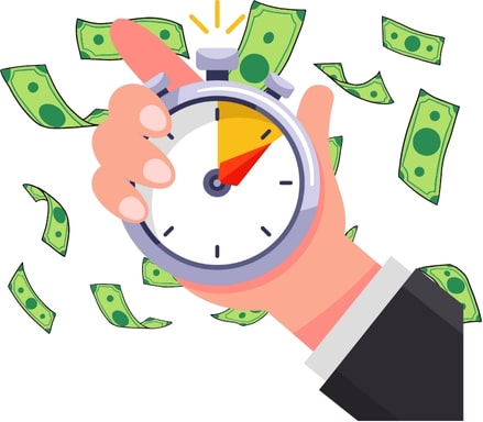 Pay-as-you-go hourly billing illustration. A hand holding a stopwatch surrounded by money, representing PAYG cloud resource billing