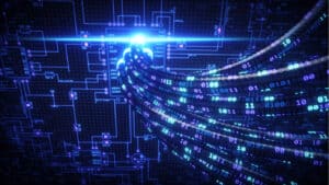 Network traffic streaming data visualisation. Blue digital network representing data flow across cloud infrastructure being measured and rated by EarnBill