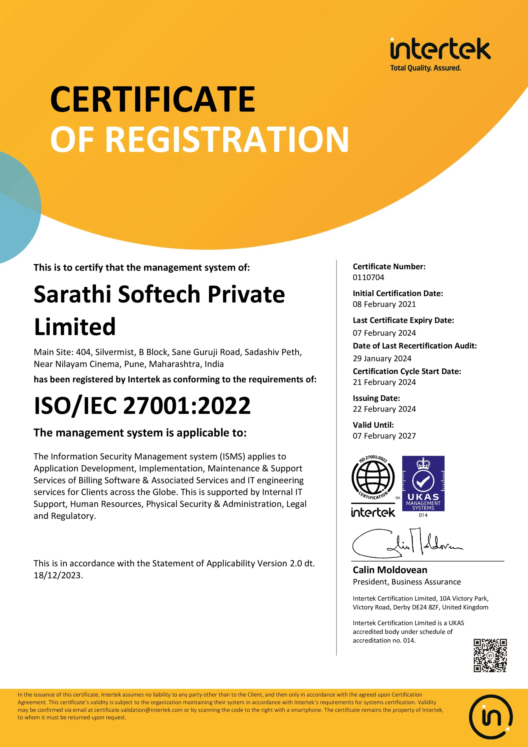 ISO Certificate of Sarathi Softech